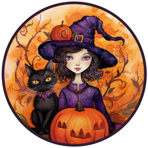 Halloween Sign, Witch Sign, DCO-00525, Sign For Wreath, 10" Round Metal Sign - DecoExchange®
