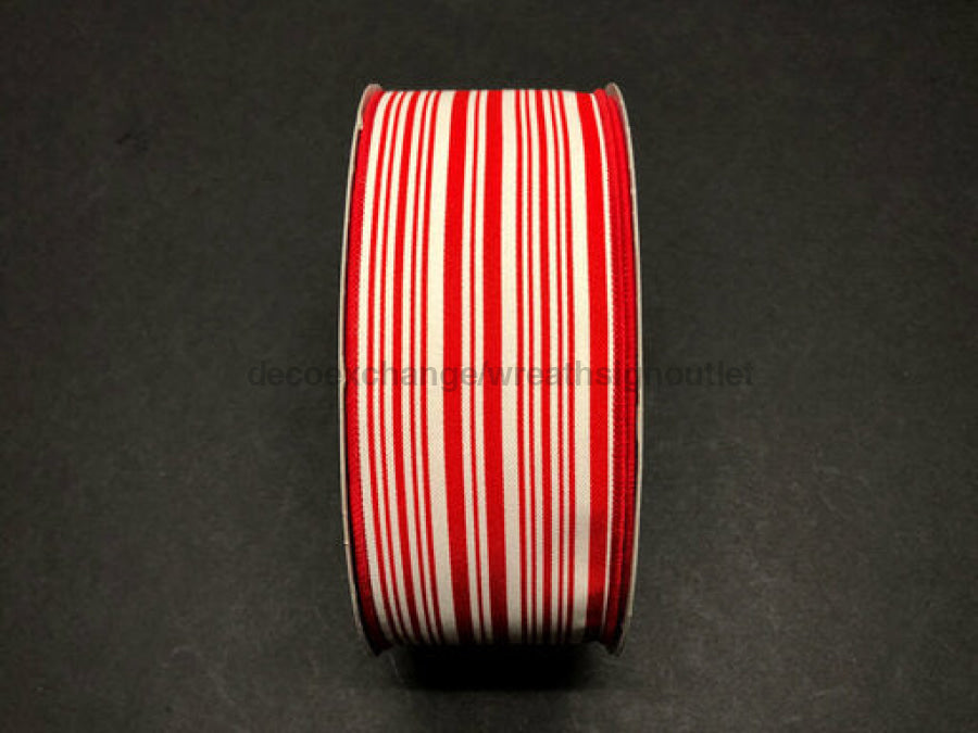 Ivory Diagonal Linen With Red Varied Vertical Stripes 2.5’X50Y 878-40-245 Ribbon