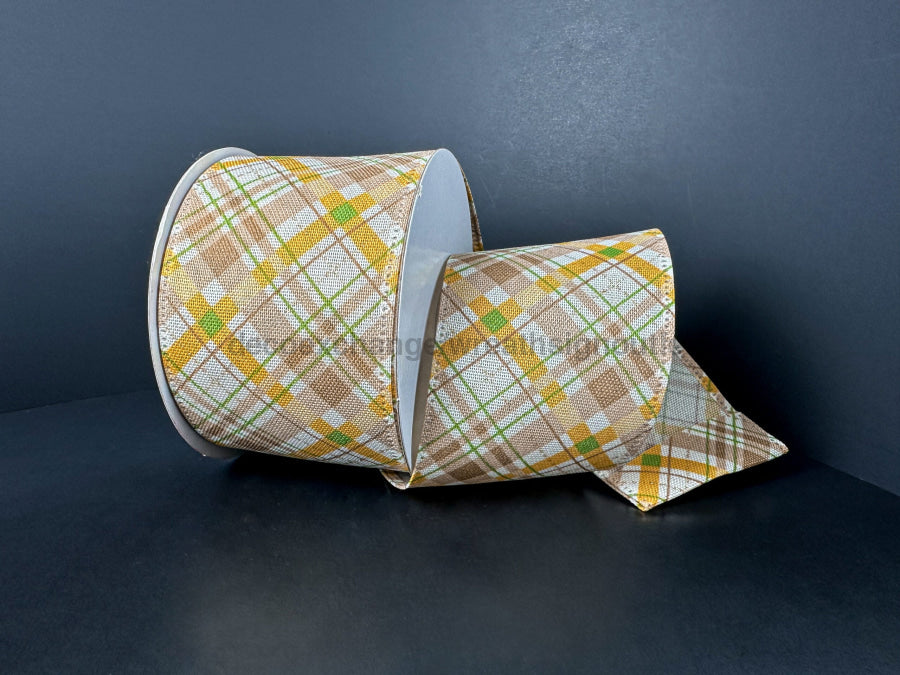 Ivory Linen/Moss-Mustard-Brown Argyle Plaid 2.5’’X10Y 65525-40-35 Ribbon