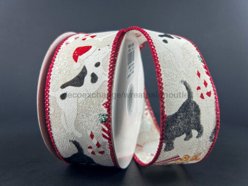 Ivory Linen Ribbon Featuring Dogs Playing In Christmas 1.5’X10Y 71439-09-21