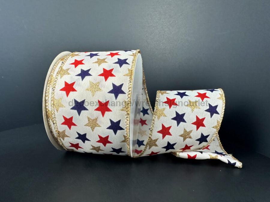 Ivory Stn/Navy-Rd-Gld Glt Stars 2.5’’X10Y 41501-40-14 Ribbon