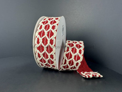 Ivory Scallop Burlap/Dark Red Linen 1.5’’X10Y 61520-09-10 Ribbon