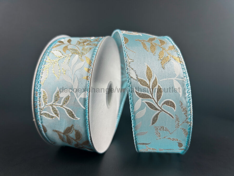 Light Blue Satin Ribbon With White And Gold Pressed Branches 1.5’X10Y 71494-09-04