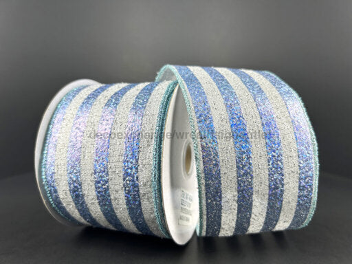 Light Blue White And Silver Woven Metallic Stripes Ribbon 2.5’X10Y 78471-40-04