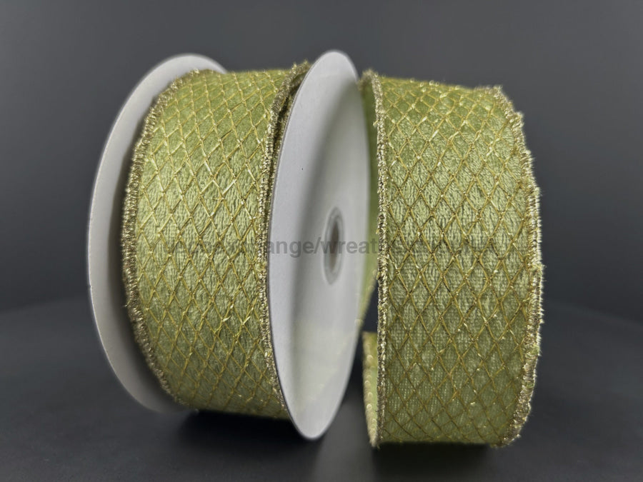 Lt Moss Velvet/Gold Net Overlay 1.5’’X10Y 78489-09-06 Ribbon