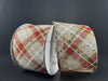 Light Natural Linen Ribbon With Red Lime White Argyle Plaid And Gold Glitter 2.5’X10Y 76406-40-15