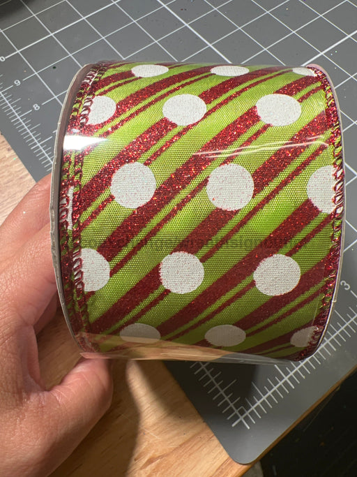 Lime Stn/Rd Glt Diag-Wht Glt Dots 2.5’’X10Y 72550-40-01 Ribbon