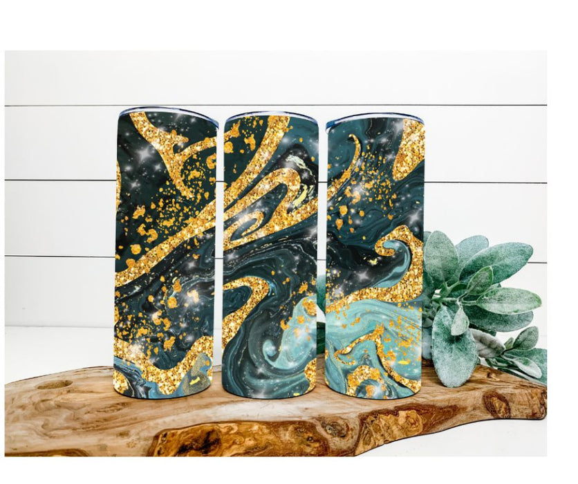 Marbled Tumbler, Teal and Gold Tumbler 20 oz Skinny Tumbler DECOETUMBLER-258 - DecoExchange®