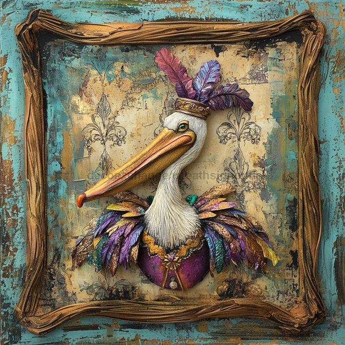 Mardi Gras Sign, Pelican Sign, DCO-13070, Sign For Wreath, 10x10" Metal Sign