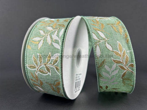 Mint Linen Ribbon With White And Gold Pressed Branches 1.5’X10Y 71492-09-06