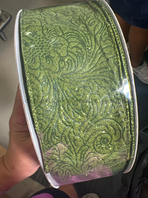 Moss Glittered Flower Embossed 2.5’’X50Y 72433-40-08C Ribbon