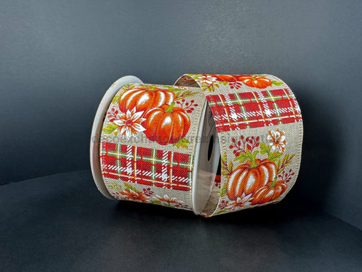 Natural Linen/Burgundy-Orange Pumpkin/Fall Stripes 2.5’’X10Y 65526-40-10 Ribbon