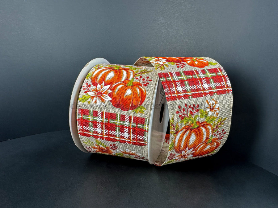 Natural Linen/Burgundy-Orange Pumpkin/Fall Stripes 2.5’’X10Y 65526-40-10 Ribbon