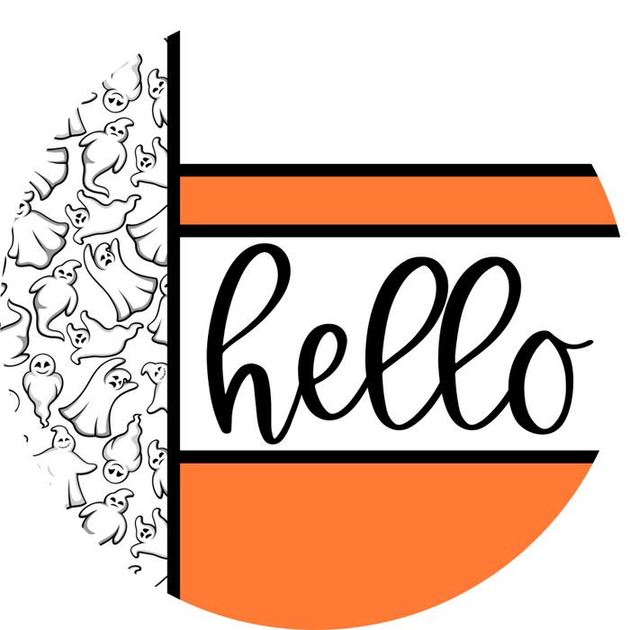 Orange Ghost Door Hanger, Hello Door Hanger, DCO-01957-DH, 18" Round Wood
