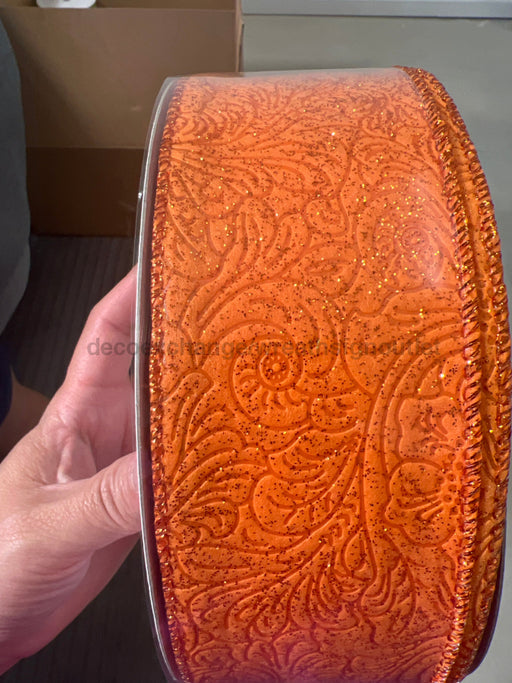 Orange Glittered Flower Embossed 2.5’’X50Y 72433-40-19C Ribbon