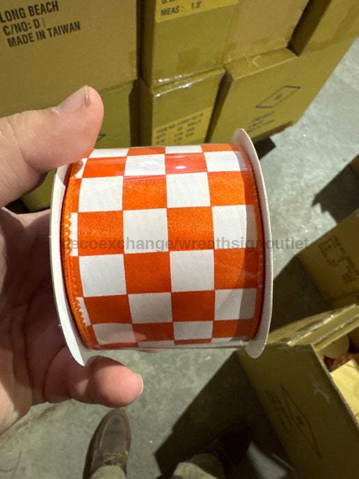 Orange Satin/White Race Check 2.5’’X10Y 42437-40-19 Ribbon