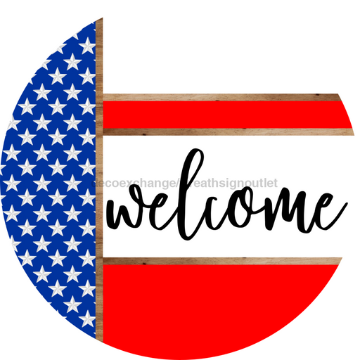 Patriotic Door Hanger, Welcome Door Hanger, DCO-01987-DH, 18" Round Wood