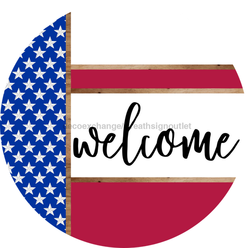 Patriotic Door Hanger, Welcome Door Hanger, DCO-01989-DH, 18" Round Wood