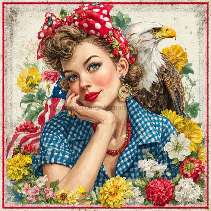Patriotic Pin Up Girl, DCO-102369, Sign For Wreath, 10x10in Metal Sign