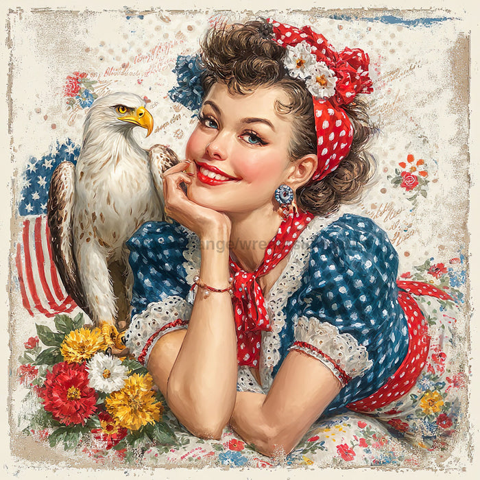 Patriotic Pin Up Girl, DCO-102371, Sign For Wreath, 10x10in Metal Sign