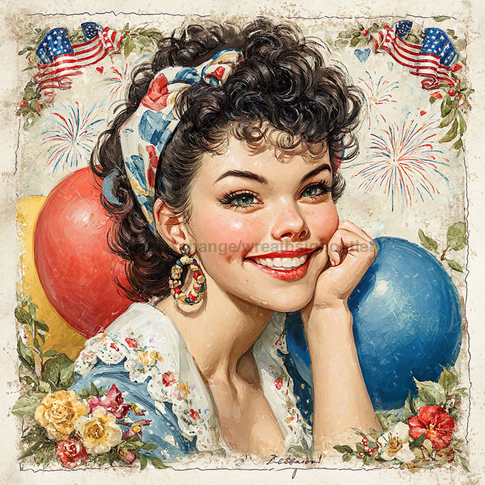 Patriotic Pin Up Girl, DCO-102372, Sign For Wreath, 10x10in Metal Sign