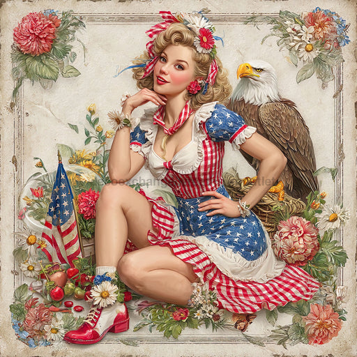 Patriotic Pin Up Girl, DCO-102373, Sign For Wreath, 10x10in Metal Sign