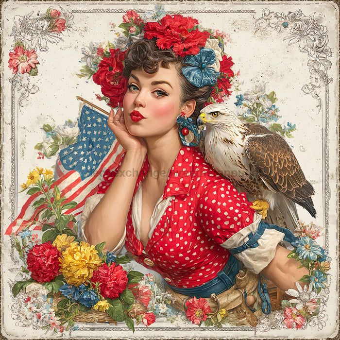 Patriotic Pin Up Girl, DCO-102375, Sign For Wreath, 10x10in Metal Sign