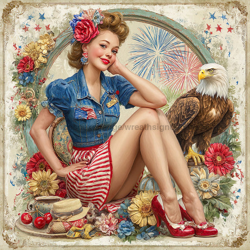 Patriotic Pin Up Girl, DCO-102377, Sign For Wreath, 10x10in Metal Sign