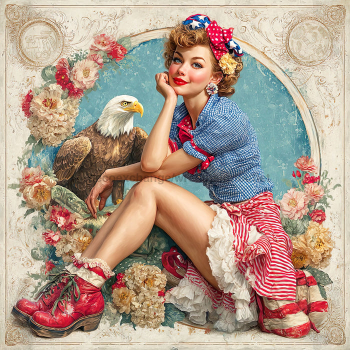 Patriotic Pin Up Girl, DCO-102381, Sign For Wreath, 10x10in Metal Sign