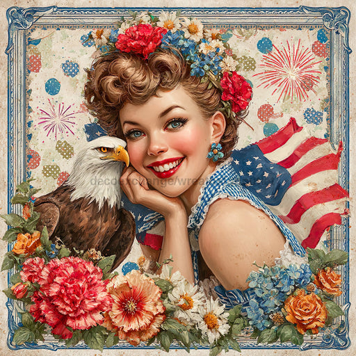 Patriotic Pin Up Girl, DCO-102382, Sign For Wreath, 10x10in Metal Sign