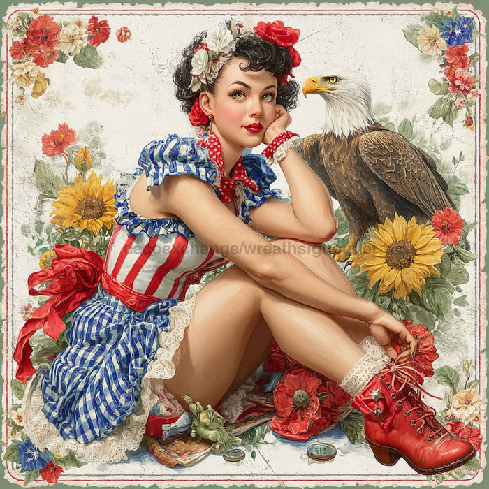 Patriotic Pin Up Girl, DCO-102384, Sign For Wreath, 10x10in Metal Sign