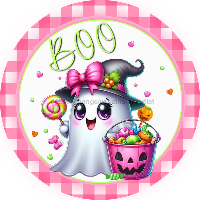 Pink Boo Ghost Sign, DECOE-5298-D, Sign For Wreath, 10" Wood Sign