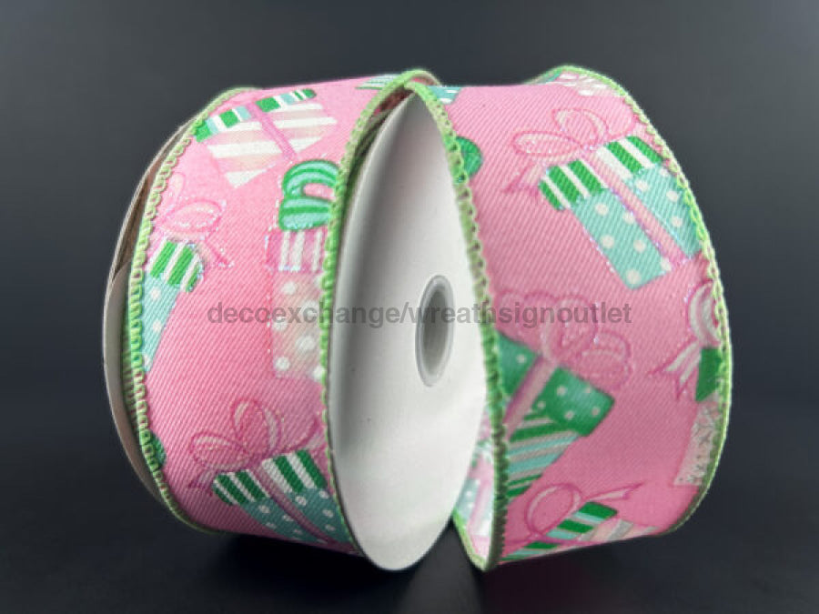 Pnk Diag Lin/Pnk-Grn Irid Glt Wrapped Gifts 1.5’X10Y 71413-09-44 Ribbon