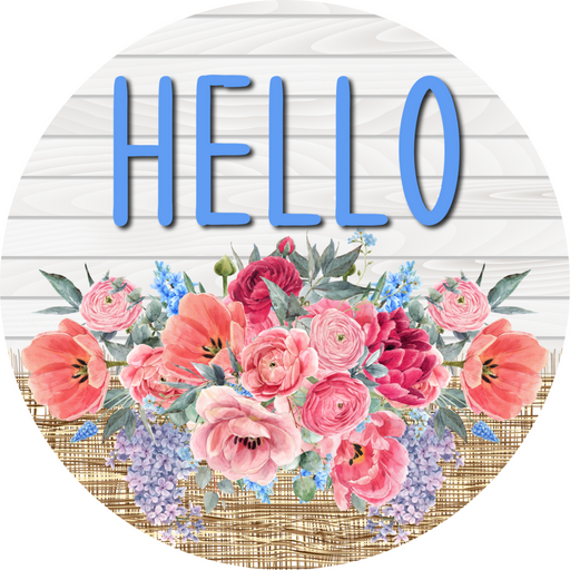 Pink Floral Sign Hello Dco-00788 For Wreath 10 Round Metal