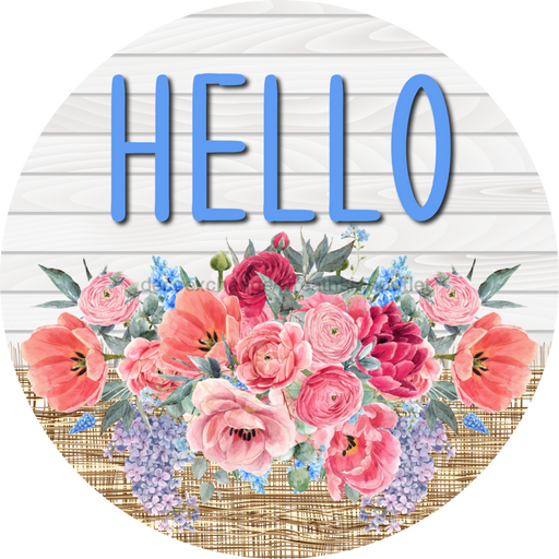 Pink Floral Sign Hello Dco-00788 For Wreath 10 Round Metal