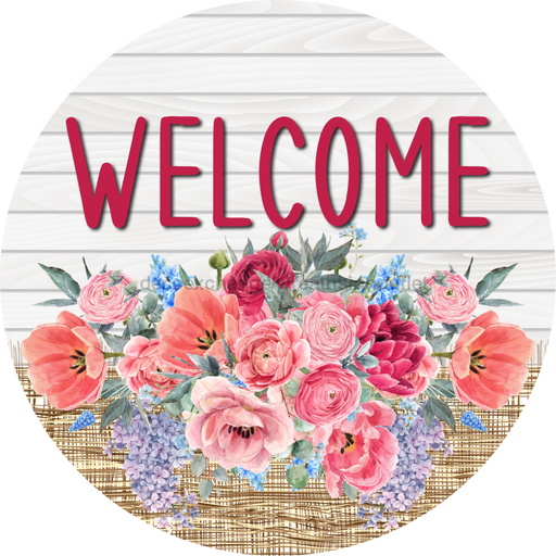 Pink Floral Sign Welcome Dco-00790 For Wreath 10 Round Metal