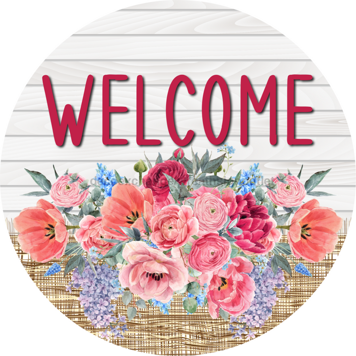 Pink Floral Sign Welcome Dco-00790 For Wreath 10 Round Metal
