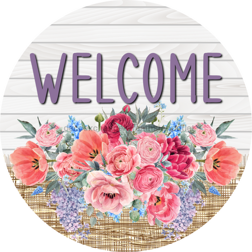 Pink Floral Sign Welcome Dco-00791 For Wreath 10 Round Metal