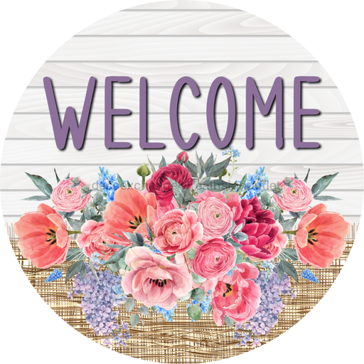 Pink Floral Sign Welcome Dco-00791 For Wreath 10 Round Metal