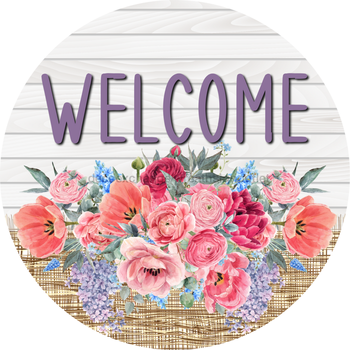 Pink Floral Sign Welcome Dco-00791 For Wreath 10 Round Metal