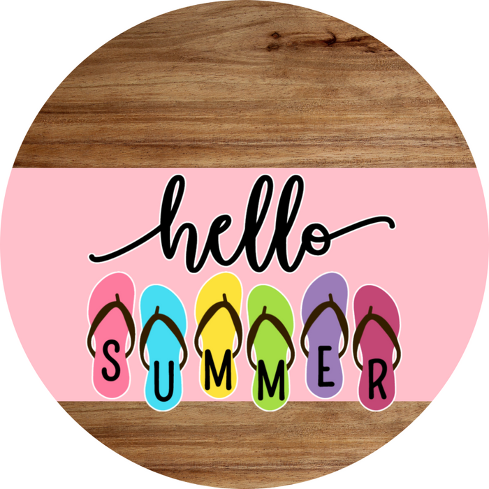 Pink Hello Summer Flip Flop Door Hanger Dco-01644-Dh-Lp 18’ Round Wood