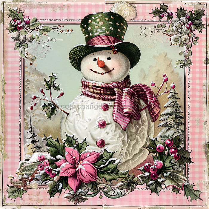 Pink Snowman Sign, DCO-102209, Sign For Wreath, 10x10in Metal Sign