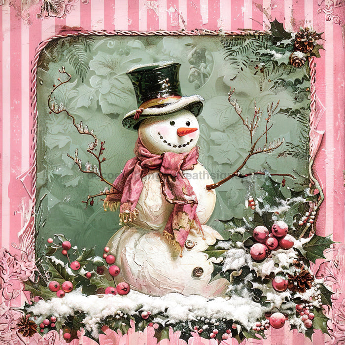 Pink Snowman Sign, DCO-102210, Sign For Wreath, 10x10in Metal Sign