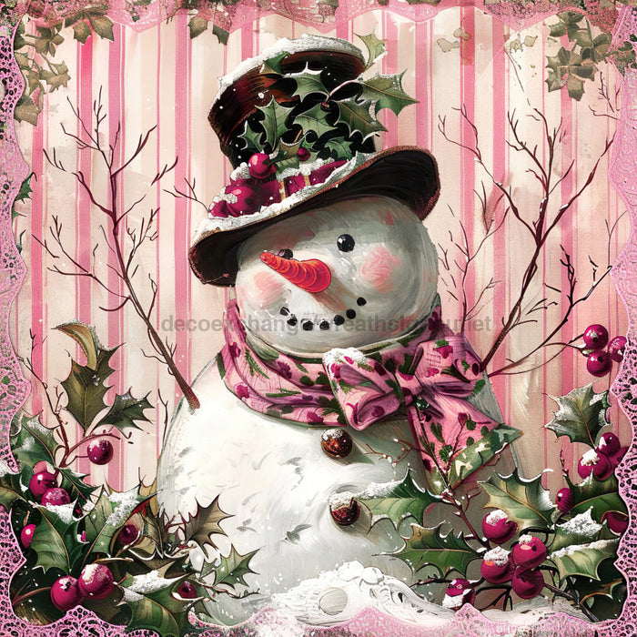 Pink Snowman Sign, DCO-102215, Sign For Wreath, 10x10in Metal Sign