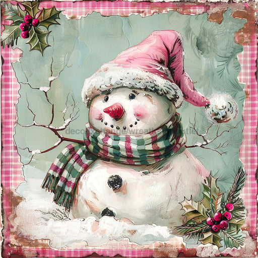 Pink Snowman Sign, DCO-102220, Sign For Wreath, 10x10in Metal Sign