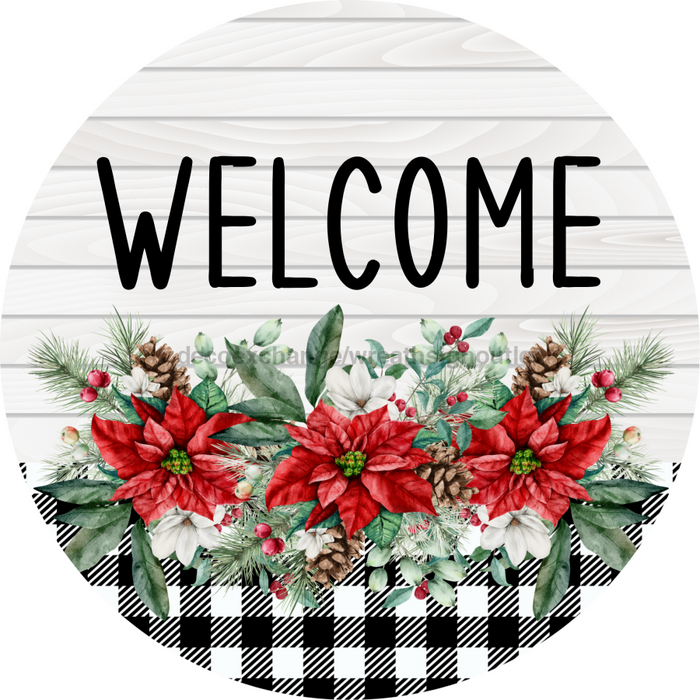Poinsettia Sign Welcome Dco-00784 For Wreath 10 Round Metal