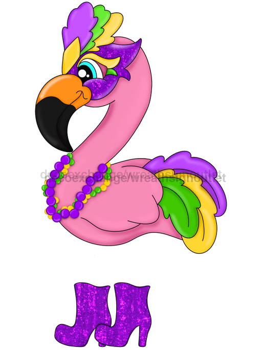 Pre-Order: Mardi Gras Sign Flamingo Ribbon Legs Wood Sign Cr-W-099-Dh 22 Door Hanger