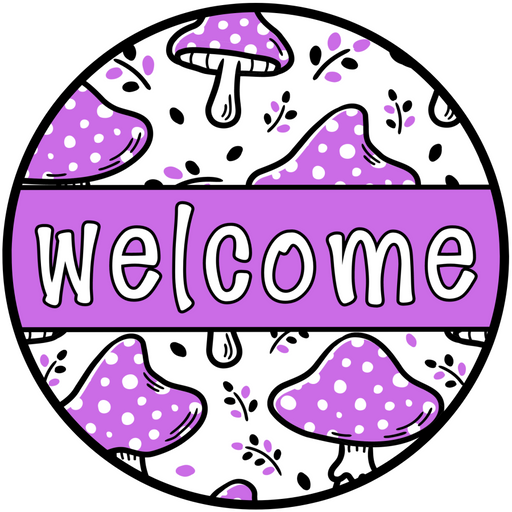 Purple Mushroom Door Hanger, Welcome Door Hanger, DCO-01310-DH, 18" Round Wood Door Hanger - DecoExchange®