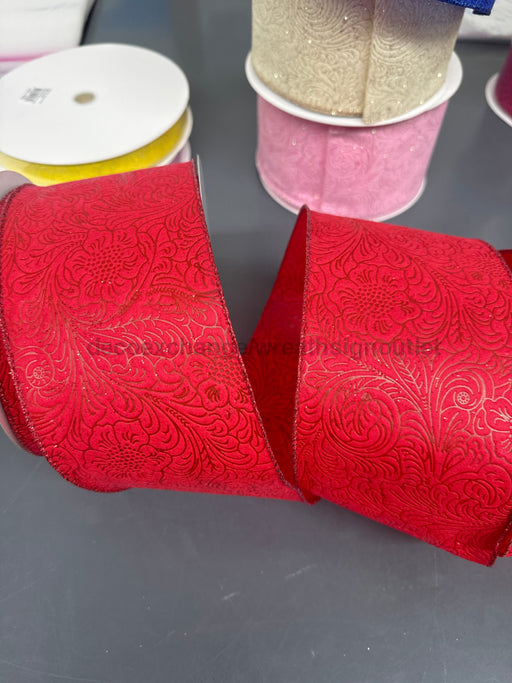 Red Glittered Flwr Embossed 4’’X25Y 72433-04-12B Ribbon