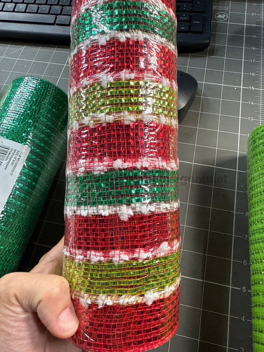 Rd-Lime-Emrld-Snwbl Mtlc Strp Mesh 10’’X10Y XB236210-12 Mesh